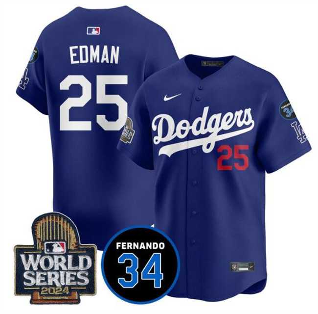 Mens Los Angeles Dodgers #25 Tommy Edman Royal 2024 World Series With Fernando Memorial Patch Alternate Limited Stitched Jersey Dzhi